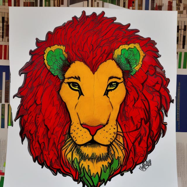 Draw a red lion with green and yellow eyes and ears, portrait