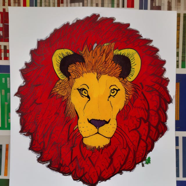 Draw a red lion with green and yellow eyes and ears that is in love, portrait, 