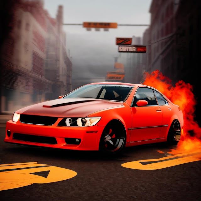 a car game poster where the car on the poster has tire smoke and flames on the side