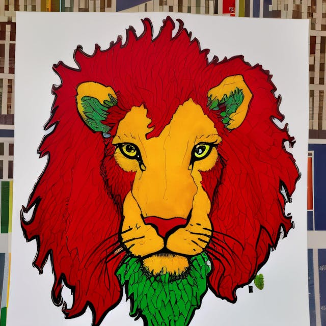 Draw a red lion with green and yellow eyes and ears, portrait, abstract